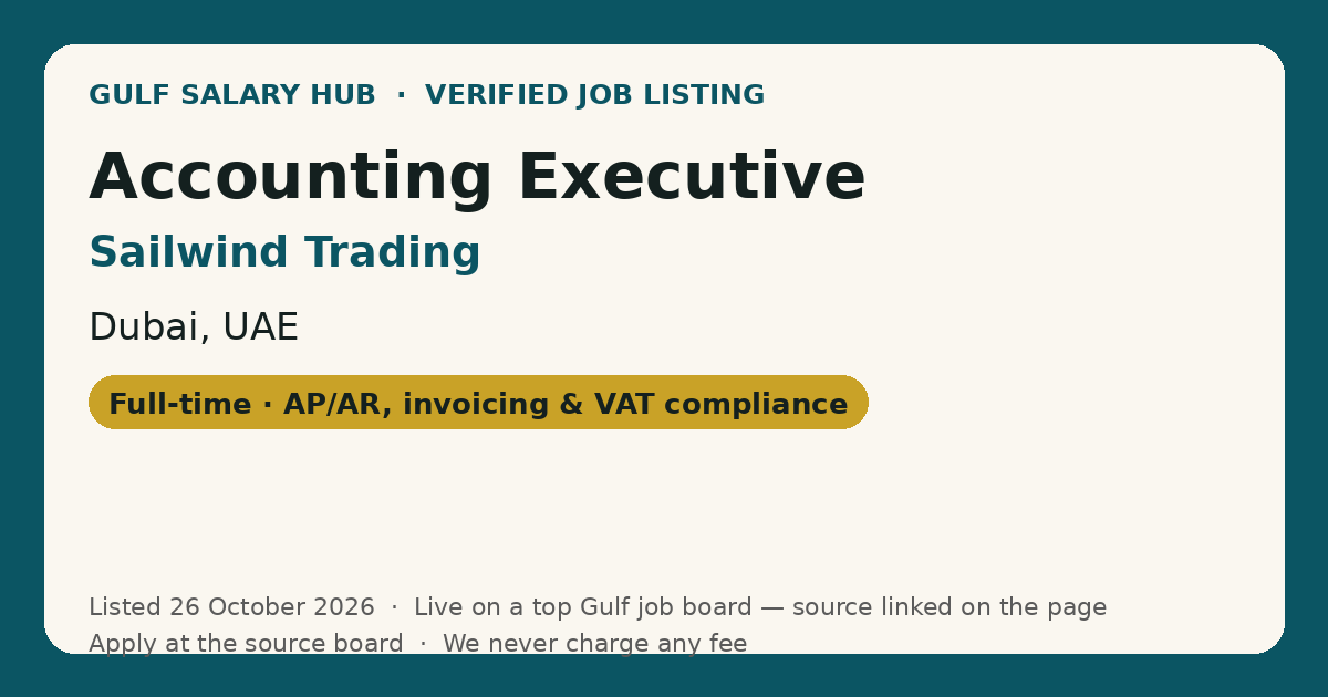 Accounting Executive job at Sailwind Trading in Dubai, UAE — listed 26 October 2026
