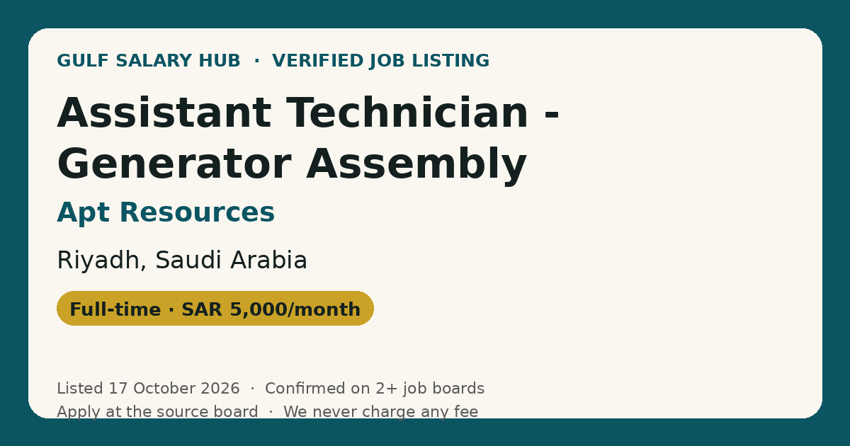 Assistant Technician - Generator Assembly & Aftersales Service job at Apt Resources in Riyadh, Saudi Arabia — listed 17 October 2026