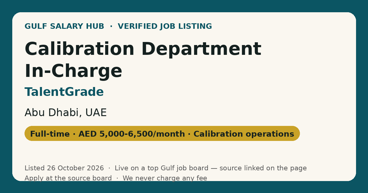 Calibration Department In-Charge job at TalentGrade in Abu Dhabi, UAE — listed 26 October 2026