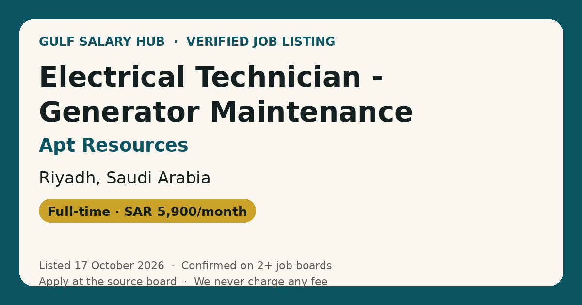 Electrical Technician - Generator Maintenance & Installation job at Apt Resources in Riyadh, Saudi Arabia — listed 17 October 2026