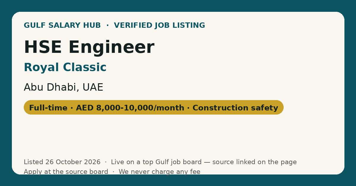 HSE Engineer job at Royal Classic in Abu Dhabi, UAE — listed 26 October 2026