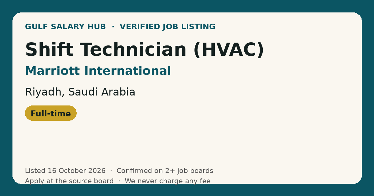 Shift Technician (HVAC) job at Marriott International in Riyadh, Saudi Arabia — listed 16 October 2026
