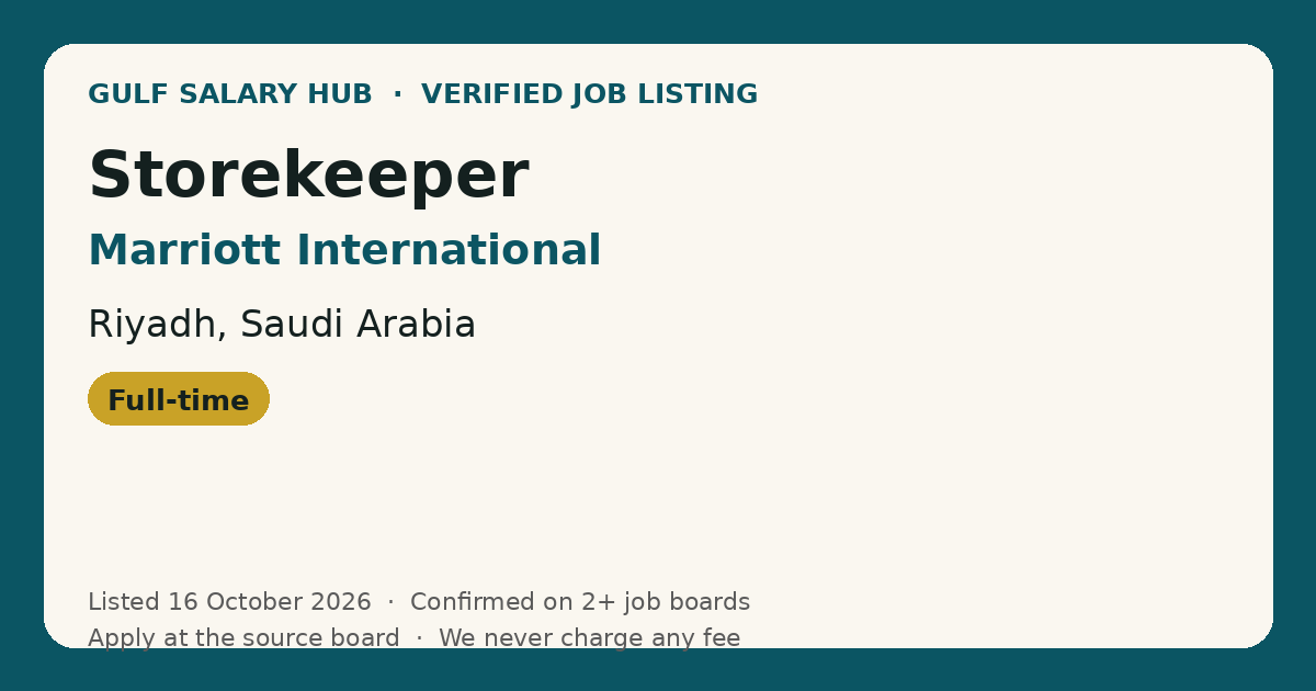Storekeeper job at Marriott International in Riyadh, Saudi Arabia — listed 16 October 2026